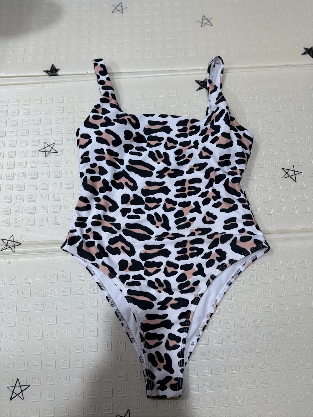 Girls' Leopard Print One-Piece Swimsuit in White, Black & Blush